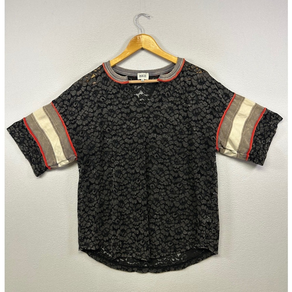 Gothcore Sporty BKE Womens Large Black Silver Floral Lace Varsity Stripe Top